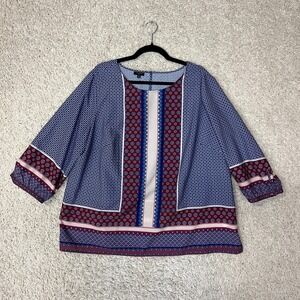 Talbots Long Sleeve Top Womens 2X Lightweight Red Blue Boho 3/4 Sleeves